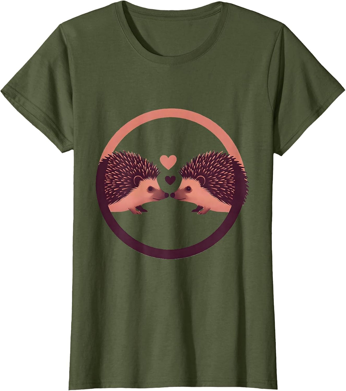 Women's Hedgehog Love Nose Touch Cute Couple Graphic T-Shirt - Olive Green