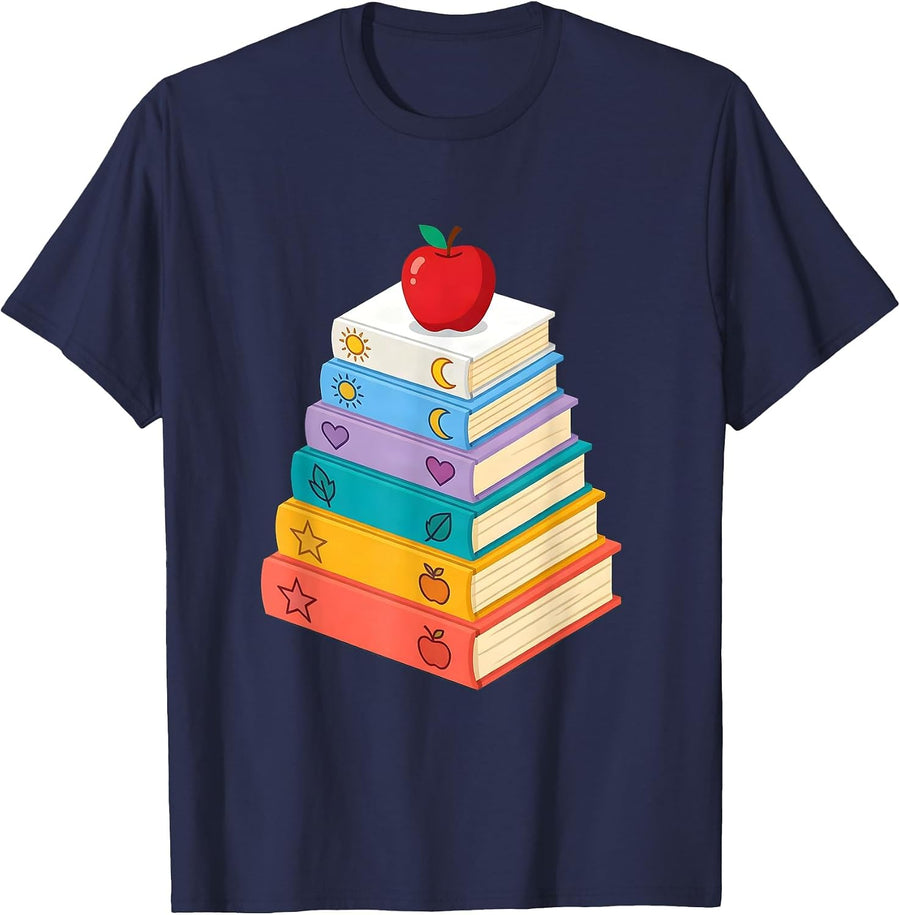 Elementary Teacher Colorful Books Graphic T-Shirt - Navy Blue