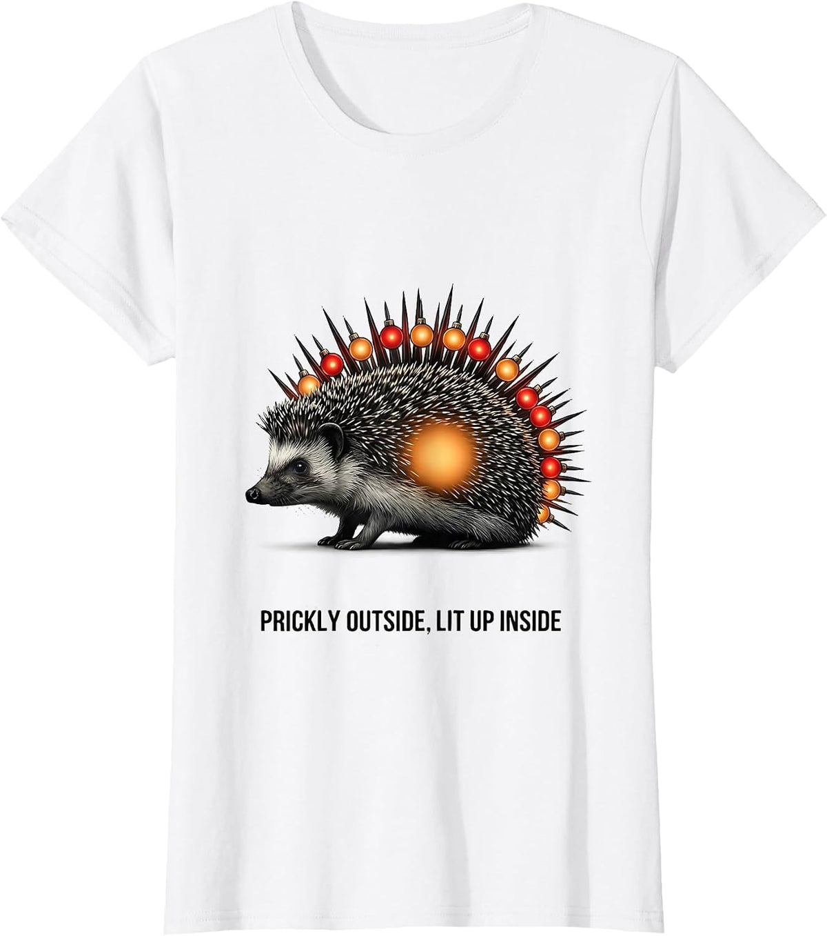 Women's Prickly Outside, Lit Up Inside Cute Hedgehog Christmas T-Shirt - White