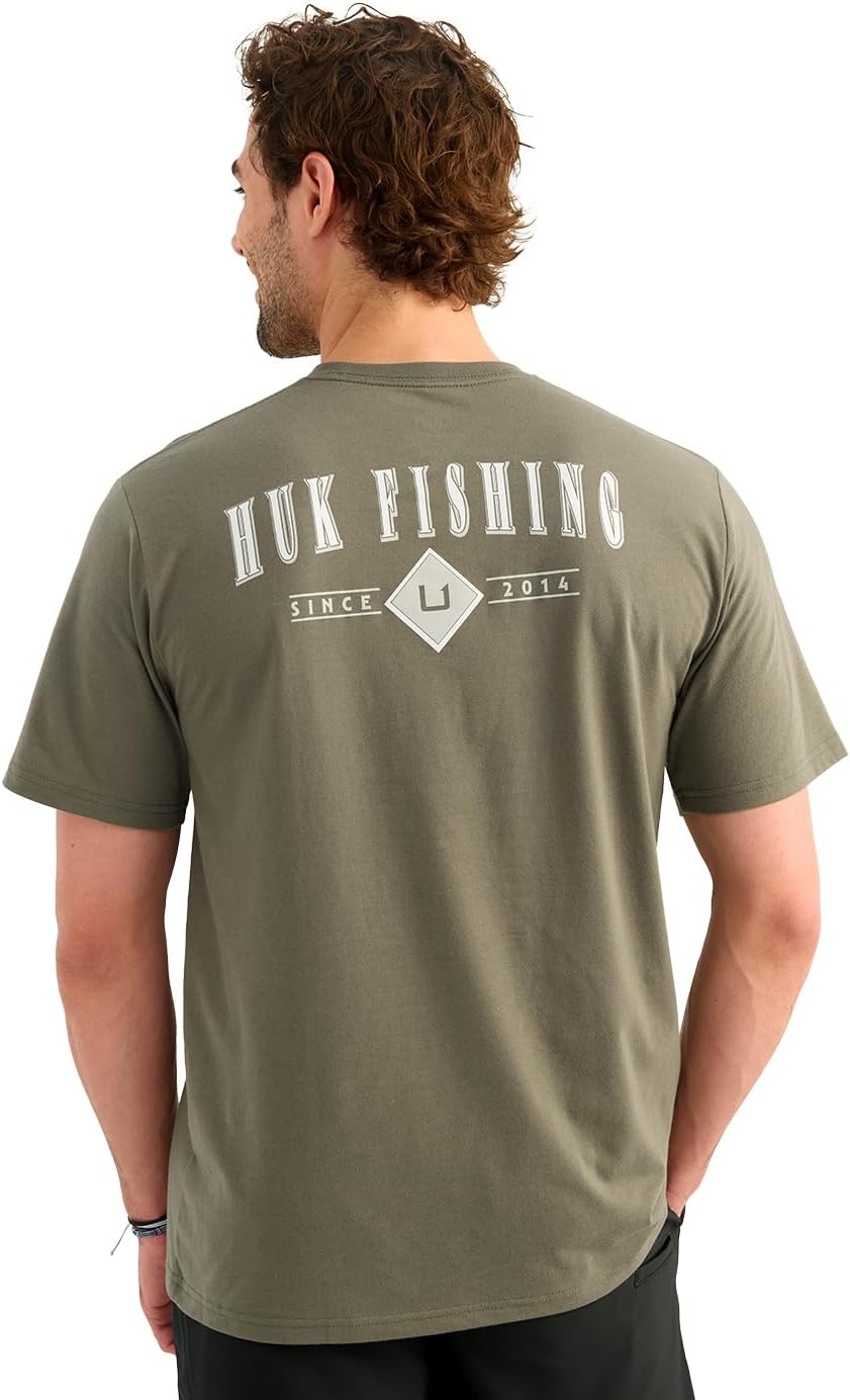 HUK Men's Performance Fishing Pocket Tee, Short Sleeve Crewneck T-Shirt with Chest Pocket, Soft Cotton Feel - Diamond - Moss