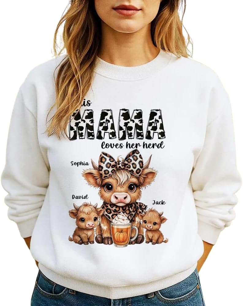 This Mama Grandma Loves Her Herds, Personalized Mom Highland Cow Family Sweatshirt, Grandma Cozy Fall Vibe Heifer Sweatshirt