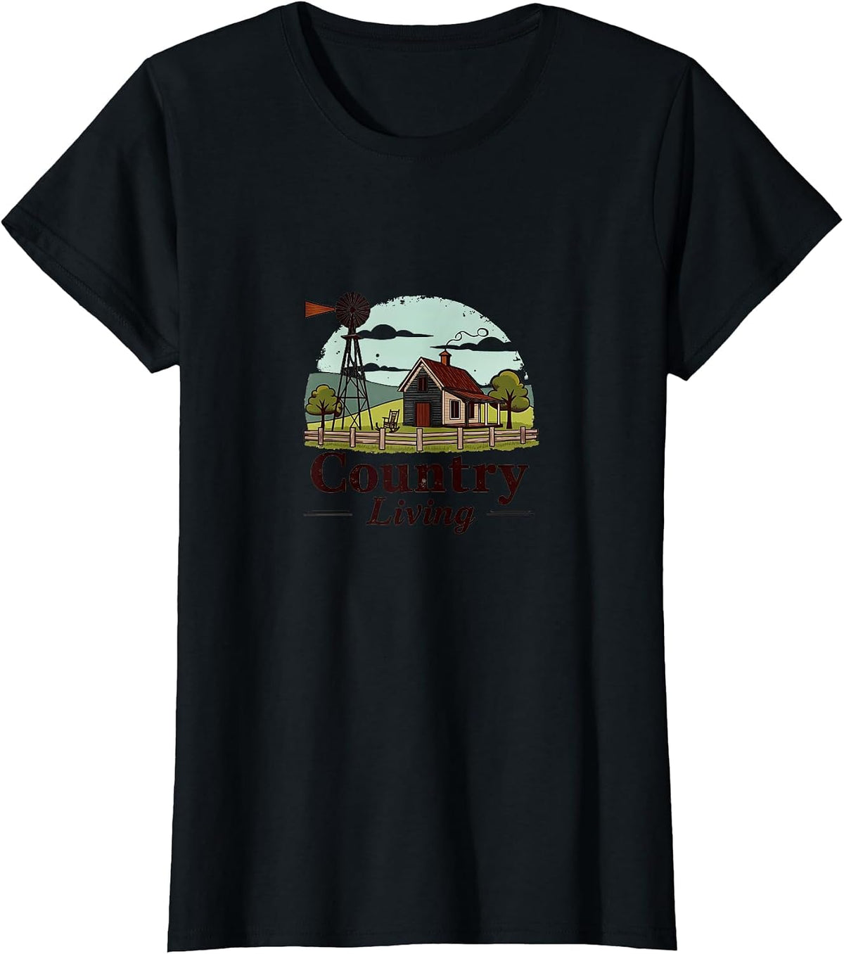 Country Living Farmhouse Windmill Scene Rustic T-Shirt - Black