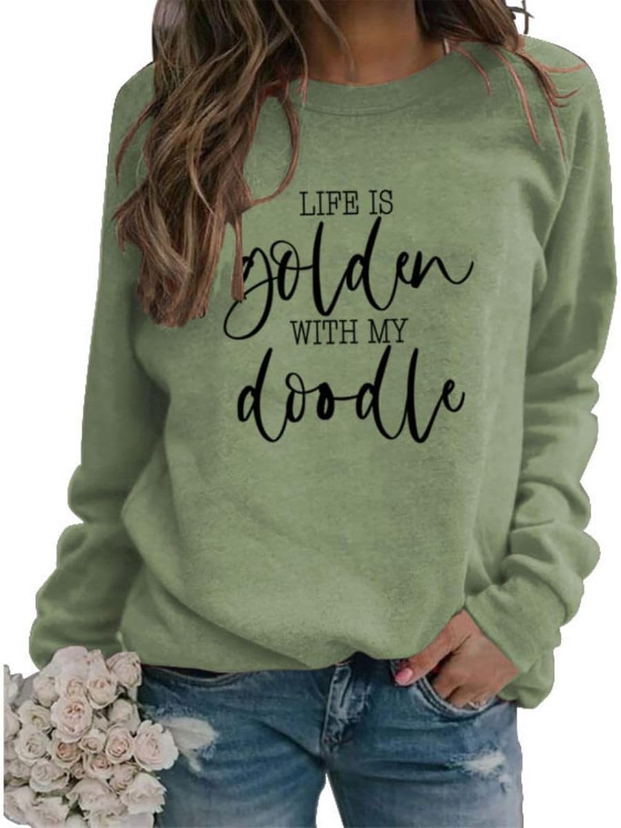 Life Is Golden With My Doodle Sweatshirt For Women Doodle Mom Crewneck Pullover Dog Lover Long Sleeve Shirts - Olive Green