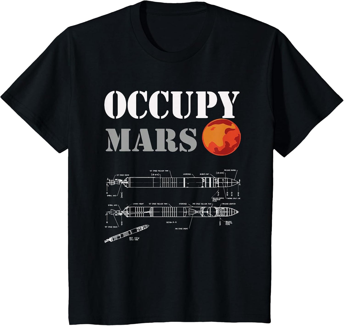 Occupy Mars - Rocket Blueprint Mans Woman's Kids T-Shirt - Black