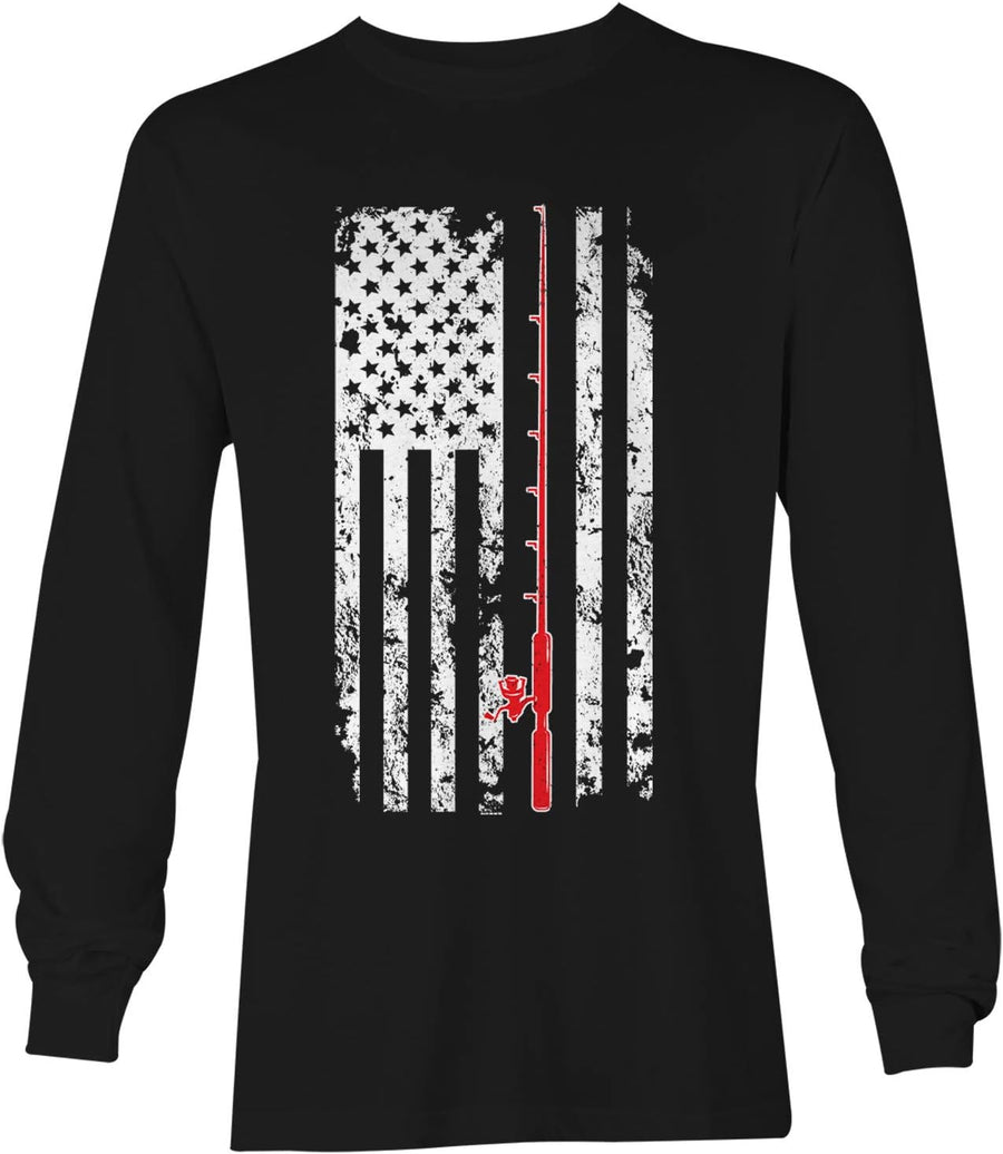 Haase Unlimited Fishing Pole American Flag - Fisherman USA Unisex Long Sleeve Shirt - Black