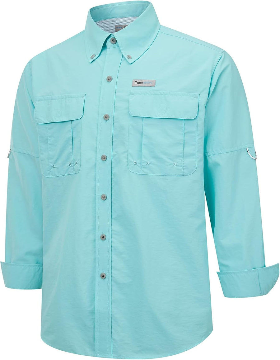 Tuna Men's Fishing Outdoor Button Down UPF 50+ Sun Protection Waterproof Hiking Long Sleeve Shirts - Aruba Blue #6