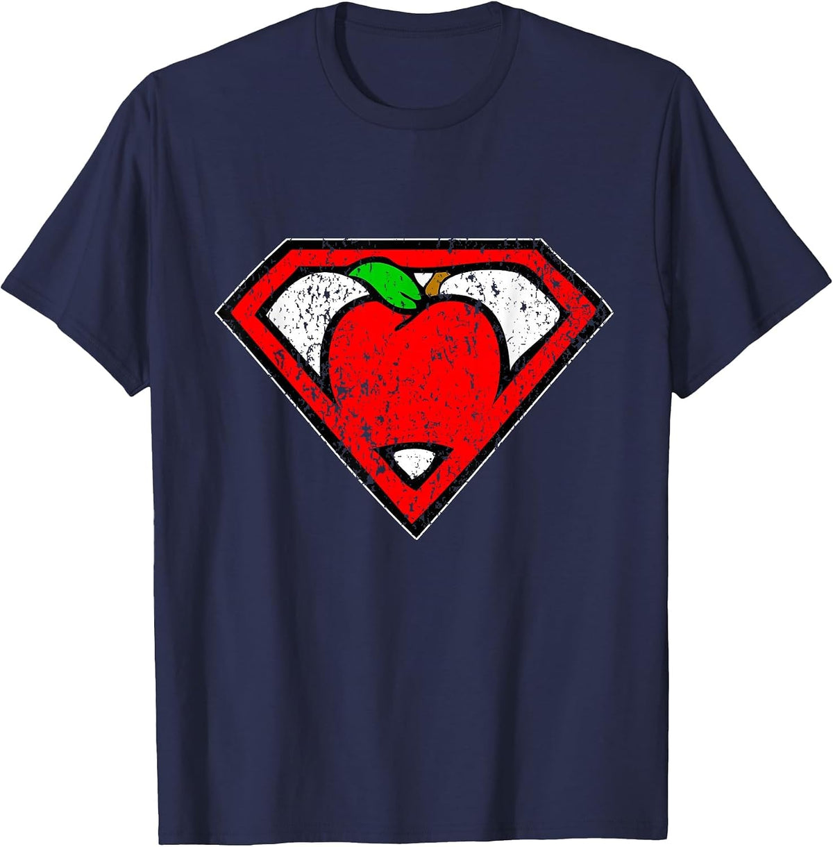 Funny Cute Distressed Super Teacher Superhero Apple Shirt T-Shirt - Navy Blue