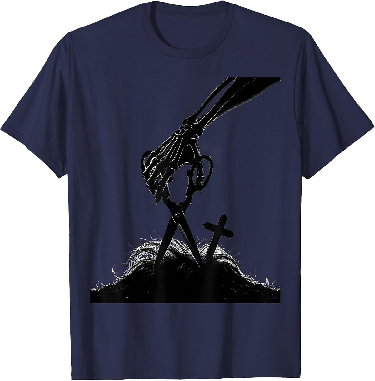Skeletal Haircut Silhouette Funny Hairdresser Halloween T-Shirt - Navy Blue