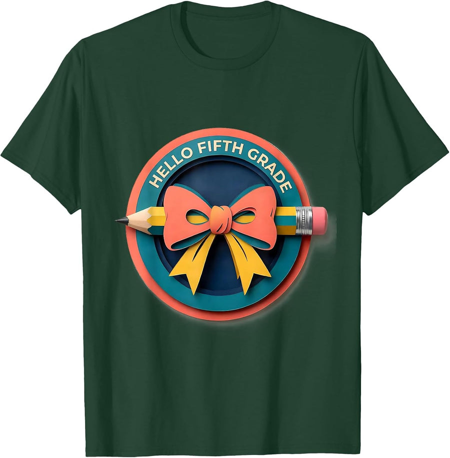 Men's Hello Fifth Grade Cute Back to School Pencil Bow Gift T-Shirt - Dark Green