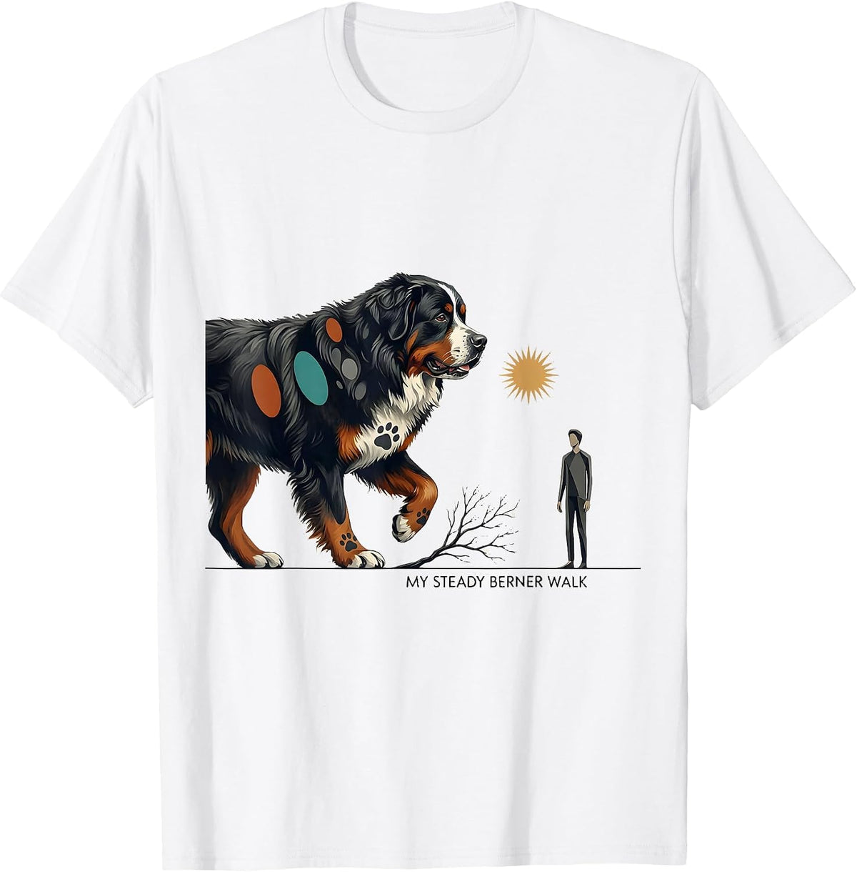 Men's My Steady Berner Walk Midcentury Modern Bernese Mountain Dog T-Shirt - White