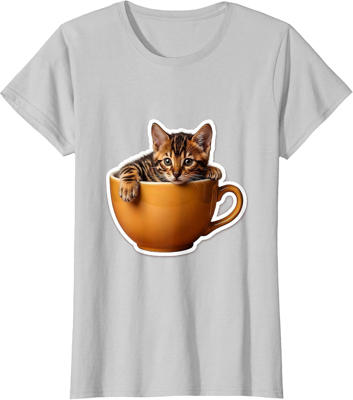 Bengal Cat Kitten in Teacup Cute Wholesome Gift T-Shirt - Silver Grey
