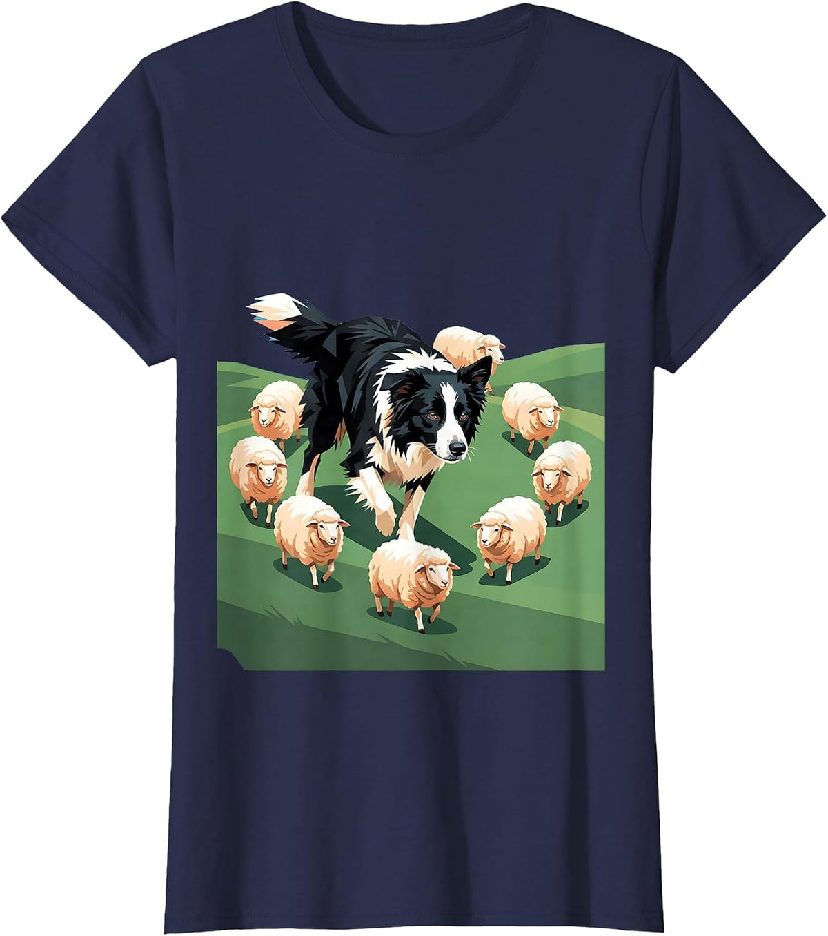 Women's Border Collie Herding Sheep Graphic Design T-Shirt - Navy Blue