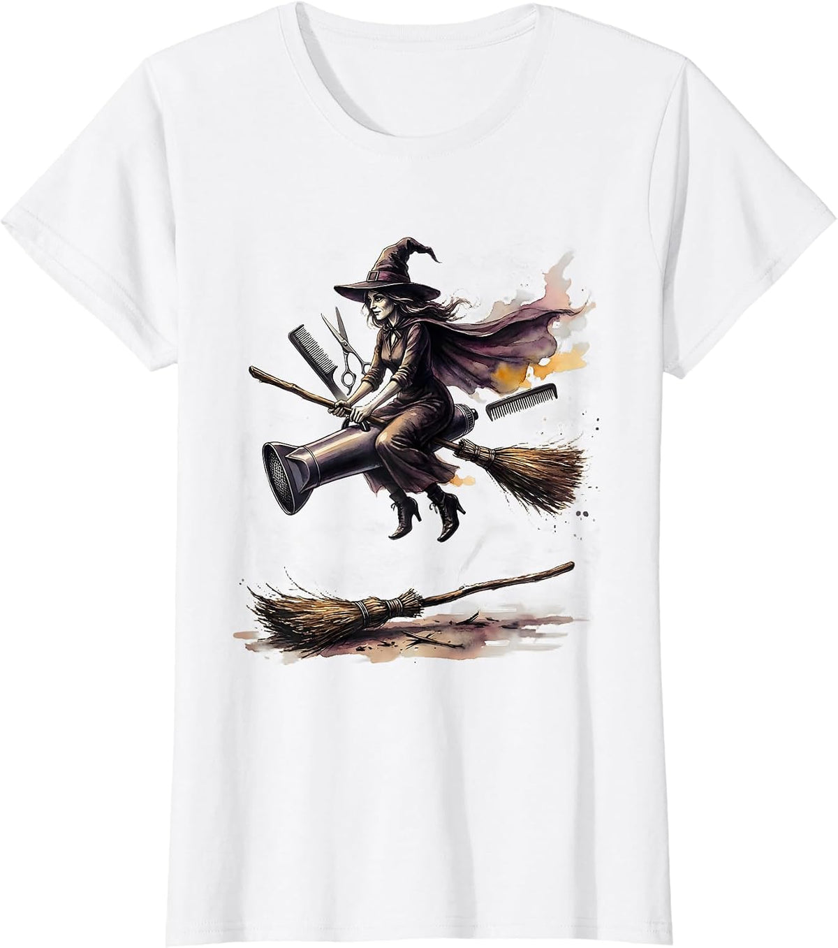 Women's Hairstylist Witch Halloween Occupation Humor Watercolor T-Shirt - White