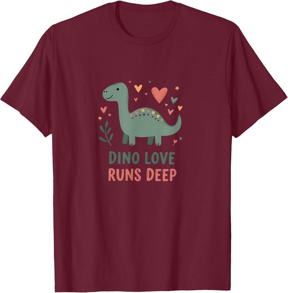 Dino Love Runs Deep Cute Dinosaur Design T-Shirt - Burgundy