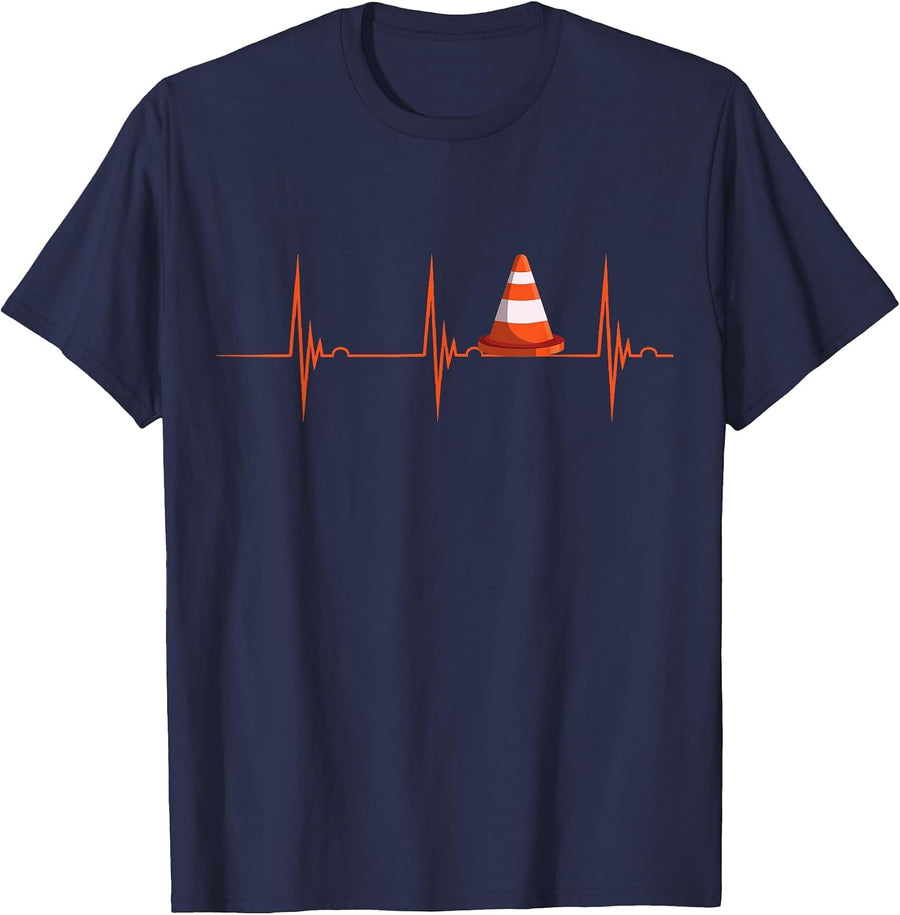 Heartbeat EKG Pulse Construction Safety Cone Traffic Cone T-Shirt - Navy Blue
