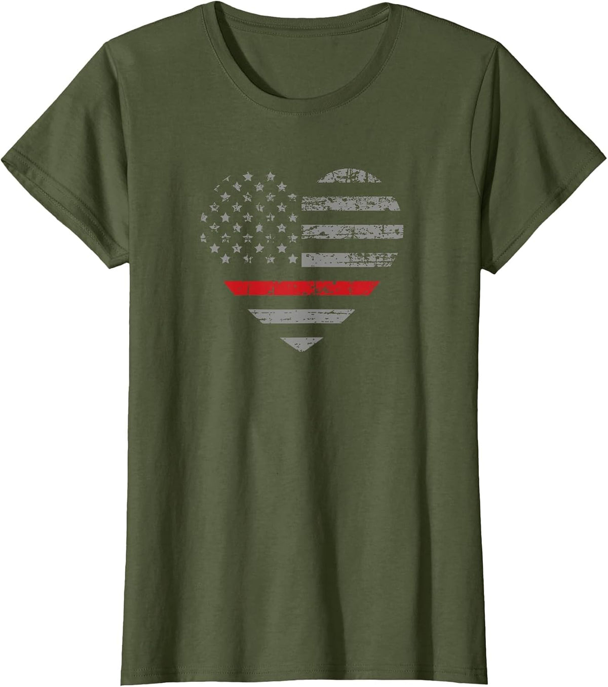 Thin Red Line Heart American Flag T-Shirt T-Shirt - Olive Green