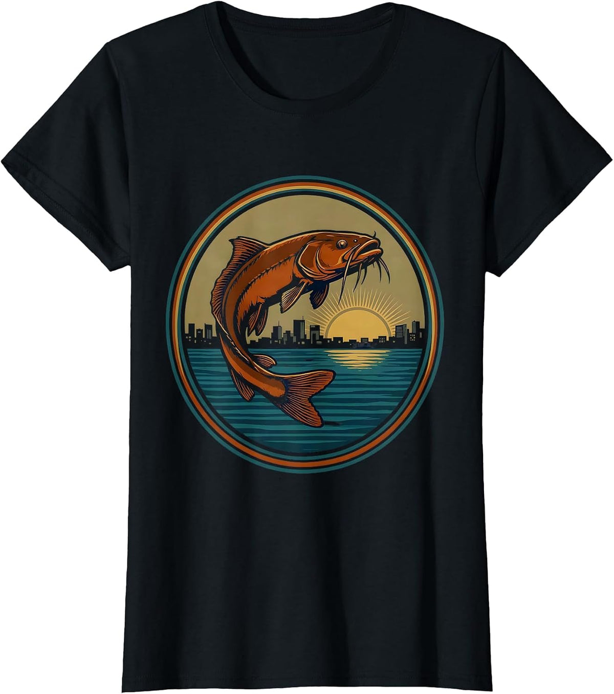 Nashville Cumberland River Catfish Dusk Illustration T-Shirt - Black