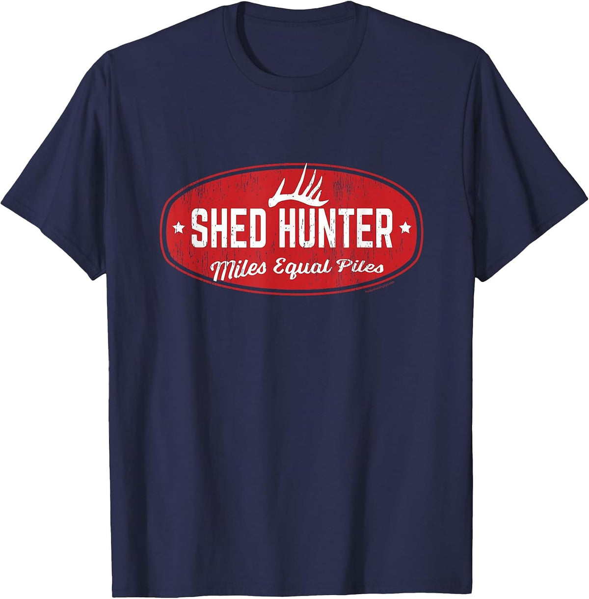 Whitetail Antler Shed Hunter, Miles Equal Piles T-Shirt - Navy Blue