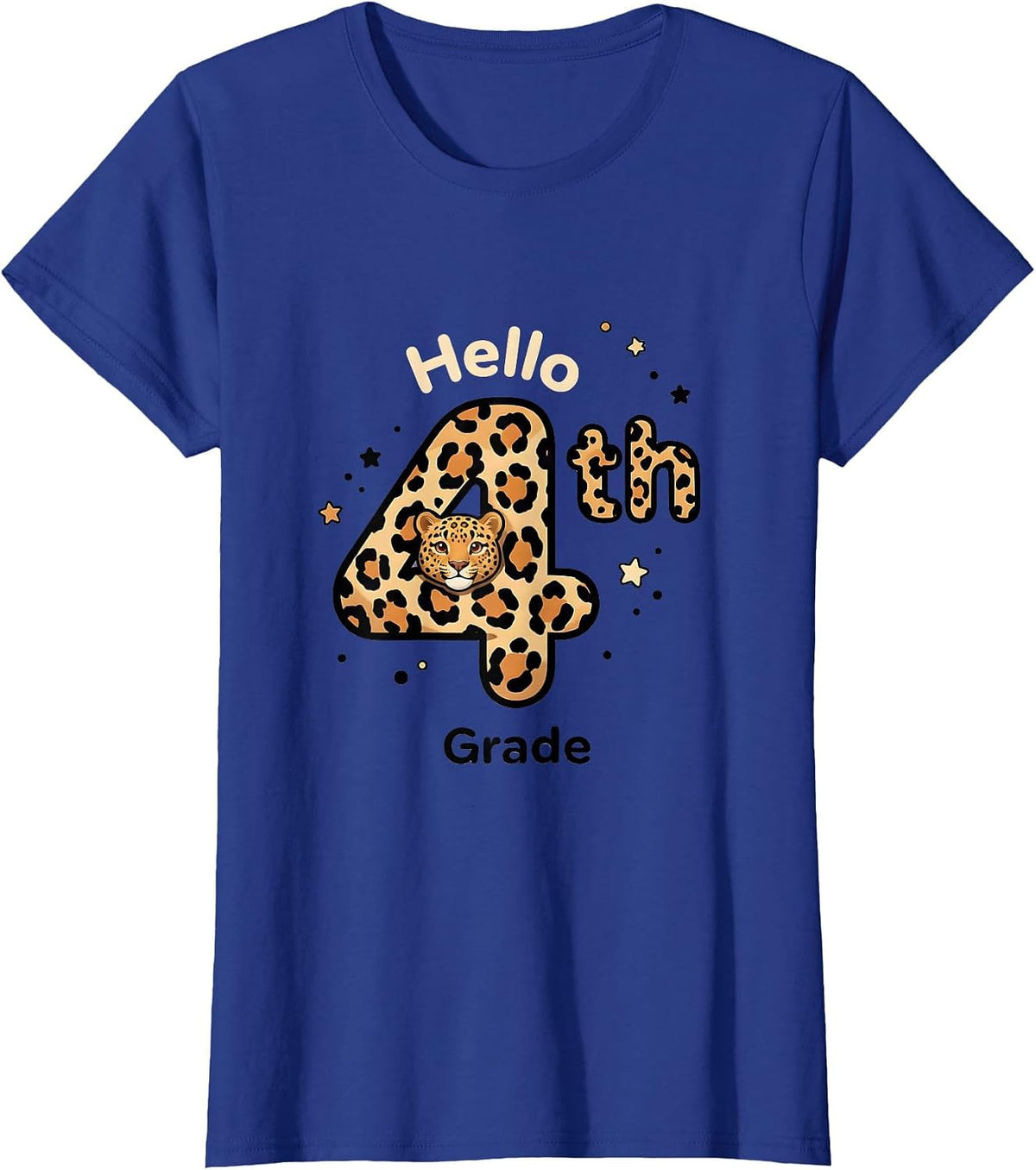 Women's Hello 4th Grade Cute Kawaii Leopard Teacher Student Back T-Shirt - Royal Blue
