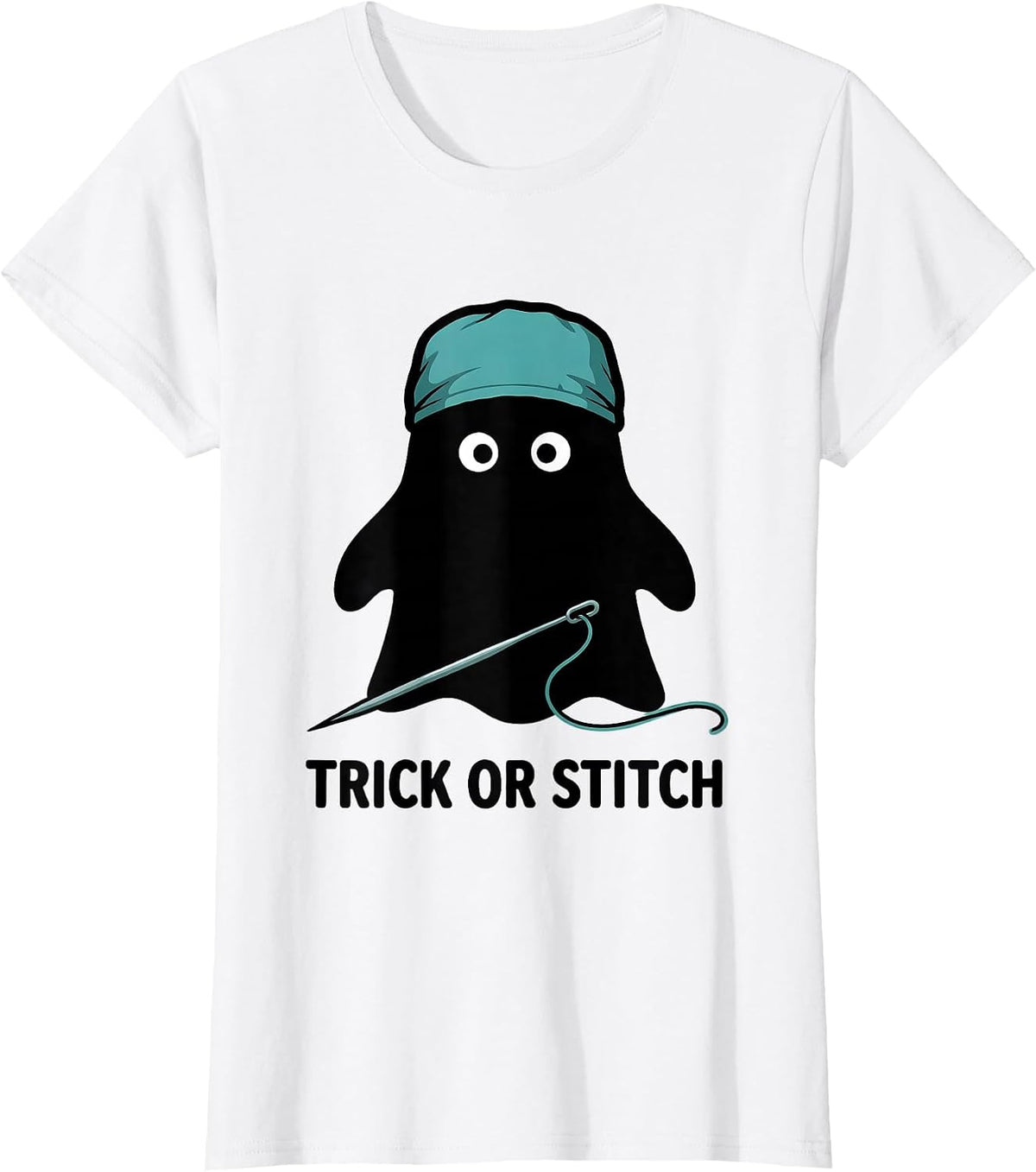 Trick Or Stitch Funny Ghost Surgeon Halloween Medical Crew T-Shirt - White