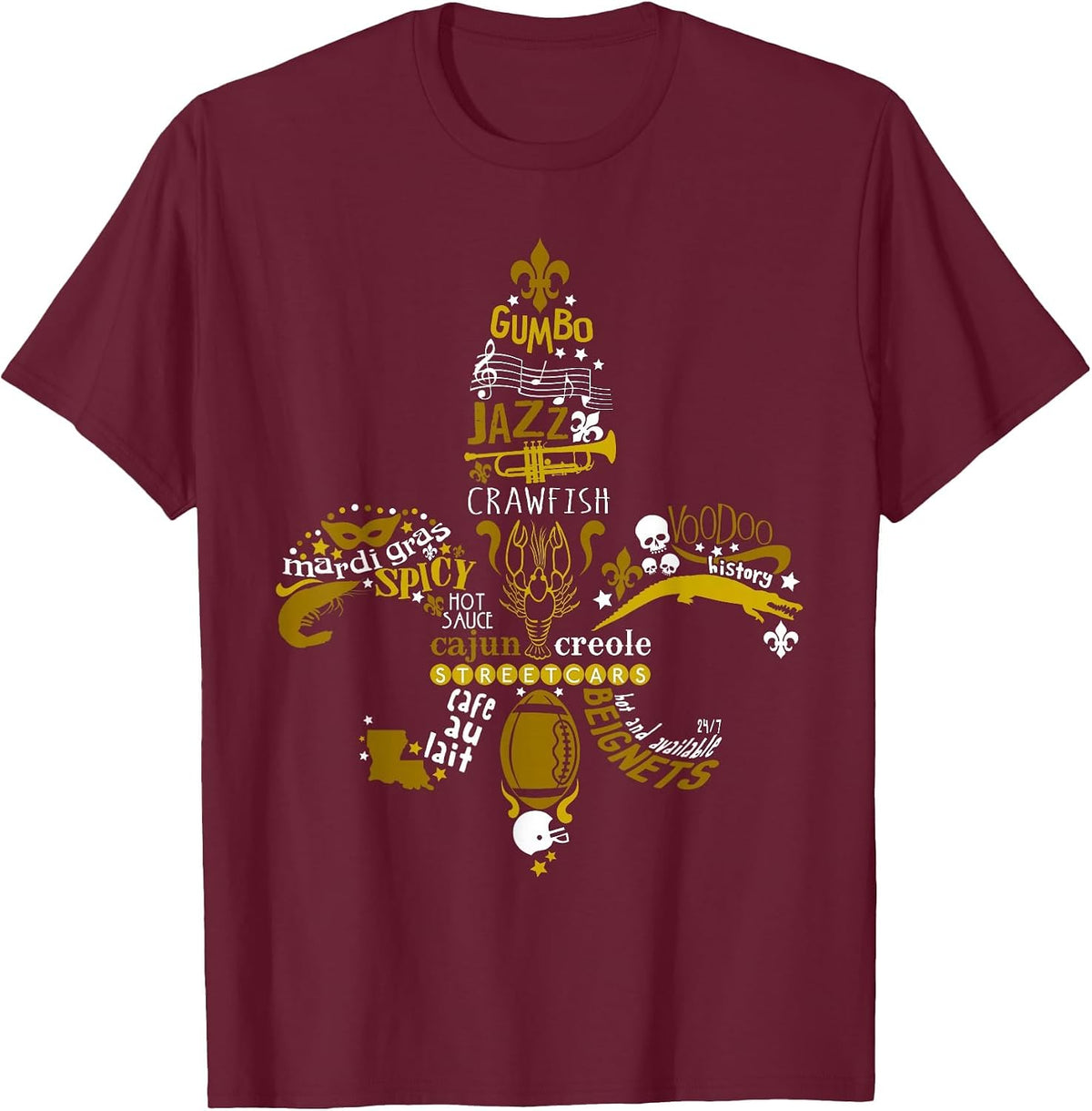 New Orleans Fleur De Lis Mardi Gras and Football T-Shirt - Burgundy