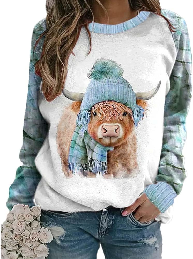 Women's Winter West Highland Cow Plaid Print Sweatshirt Western Highland Cow Shirts for Women - Blue