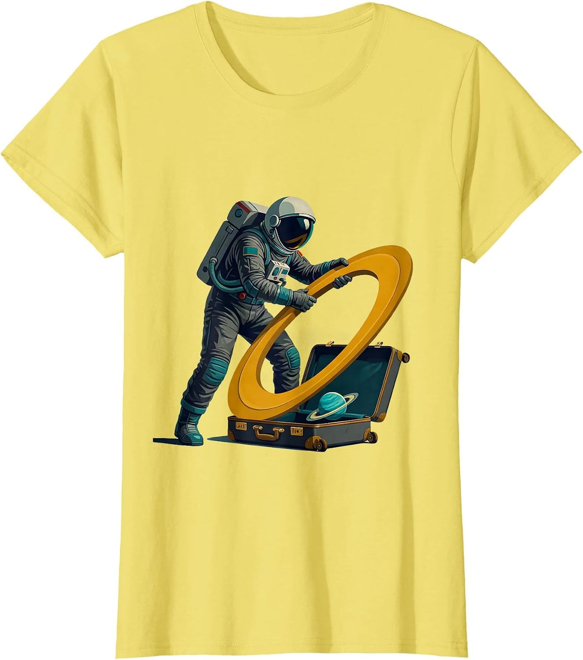 Women's Suited Astronaut Orbit Humor Midcentury Modern Space Lover T-Shirt - Lemon Yellow