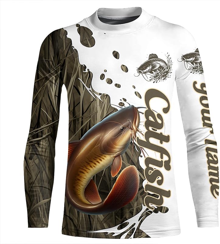 Grass Lake Camo Custom Catfish Fishing Long Sleeve Shirts, Catfish Tournament Fishing Shirts - Kid Long Sleeves Upf