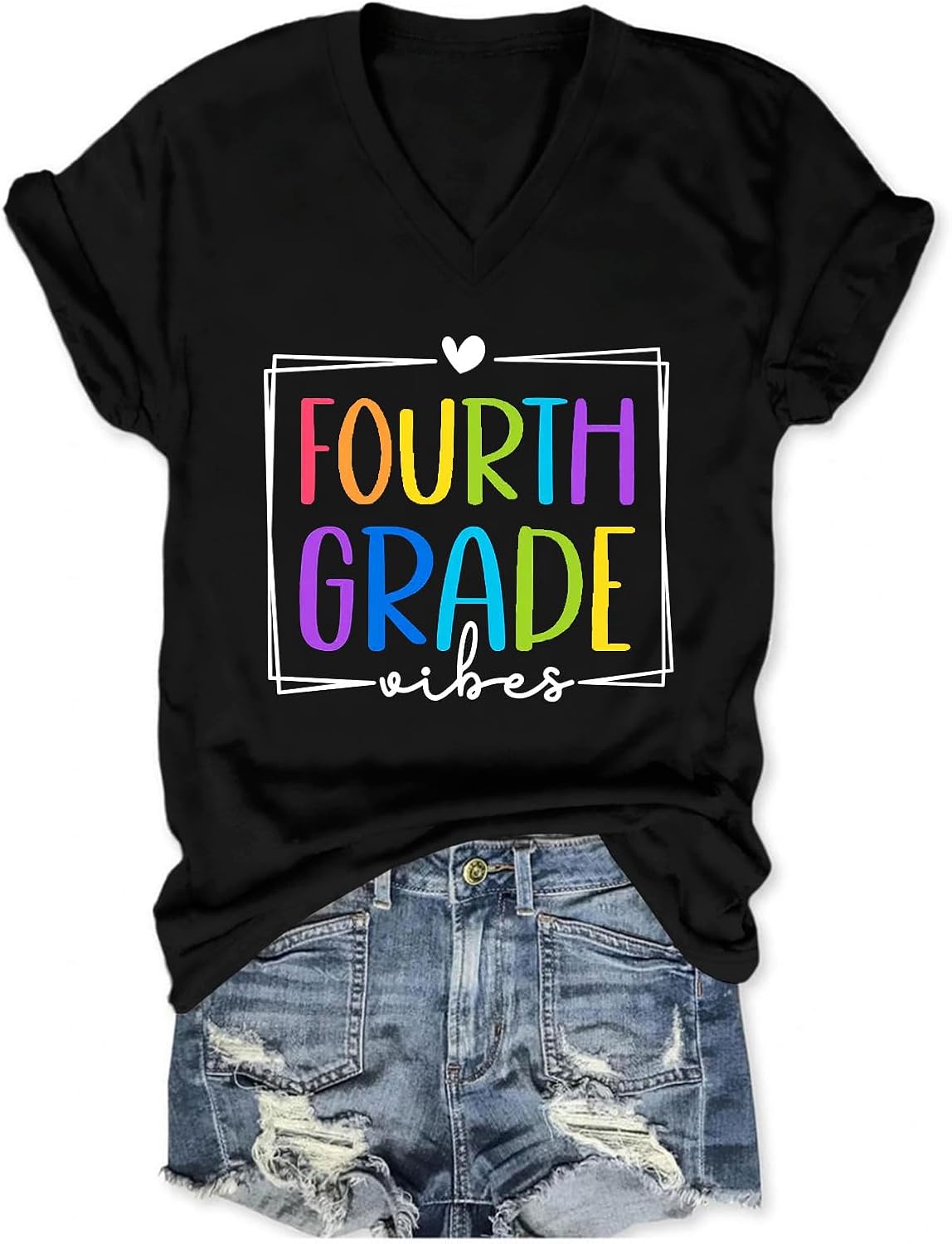 Fourth Grade Teacher T-Shirt Womens Funny Teacher Graphic Shirt Back to School Tops Casual Short Sleeve V Neck Tees - Black