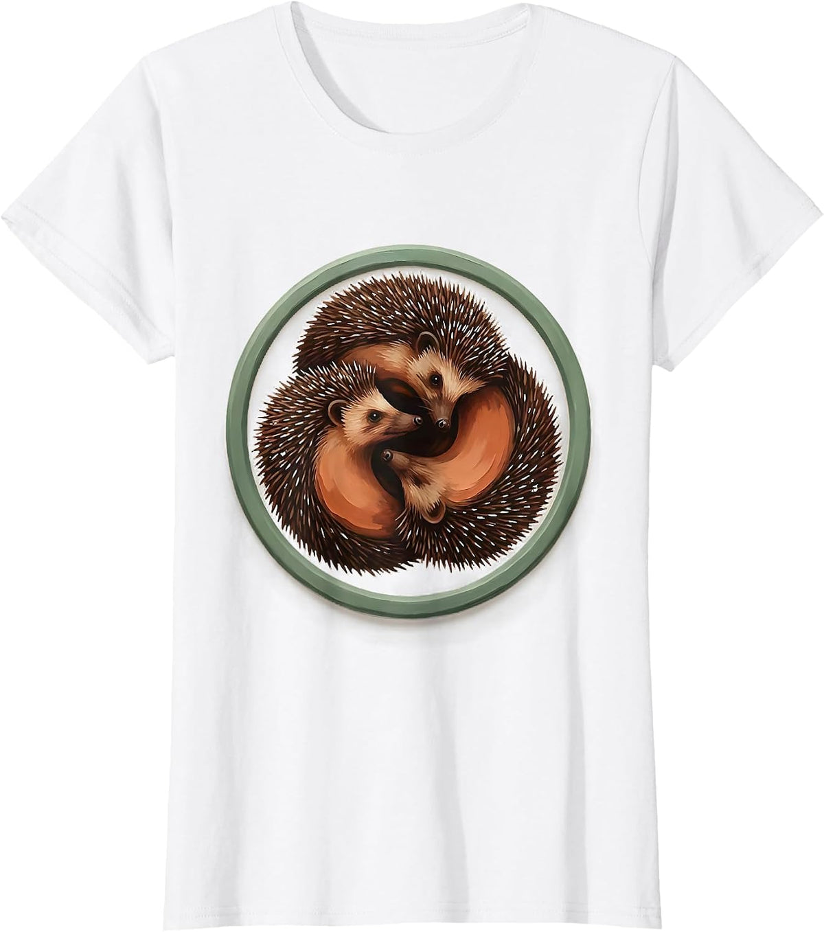 Women's Circular Hedgehog Badge Cute Animal Humor T-Shirt - White