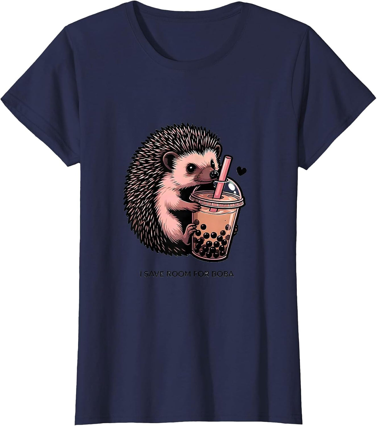 Women's I Save Room for Boba Cute Kawaii Hedgehog Anime Boba Tea T-Shirt - Navy Blue