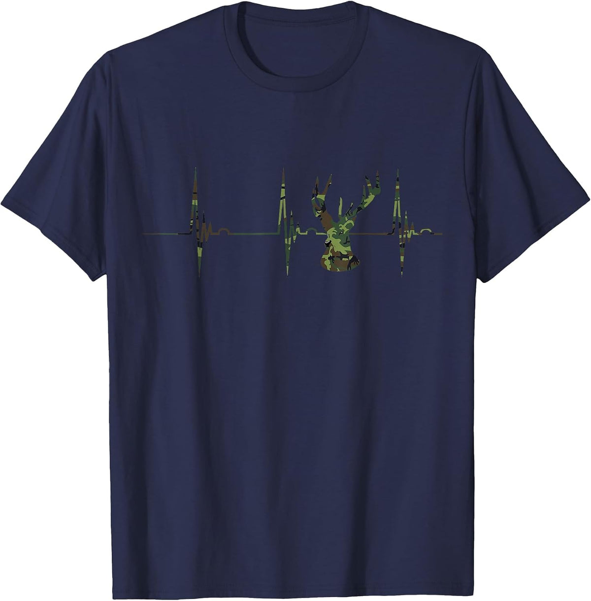 Camo Deer Heartbeat ECG Pulse Hunter Camouflage Hunting T-Shirt - Navy Blue