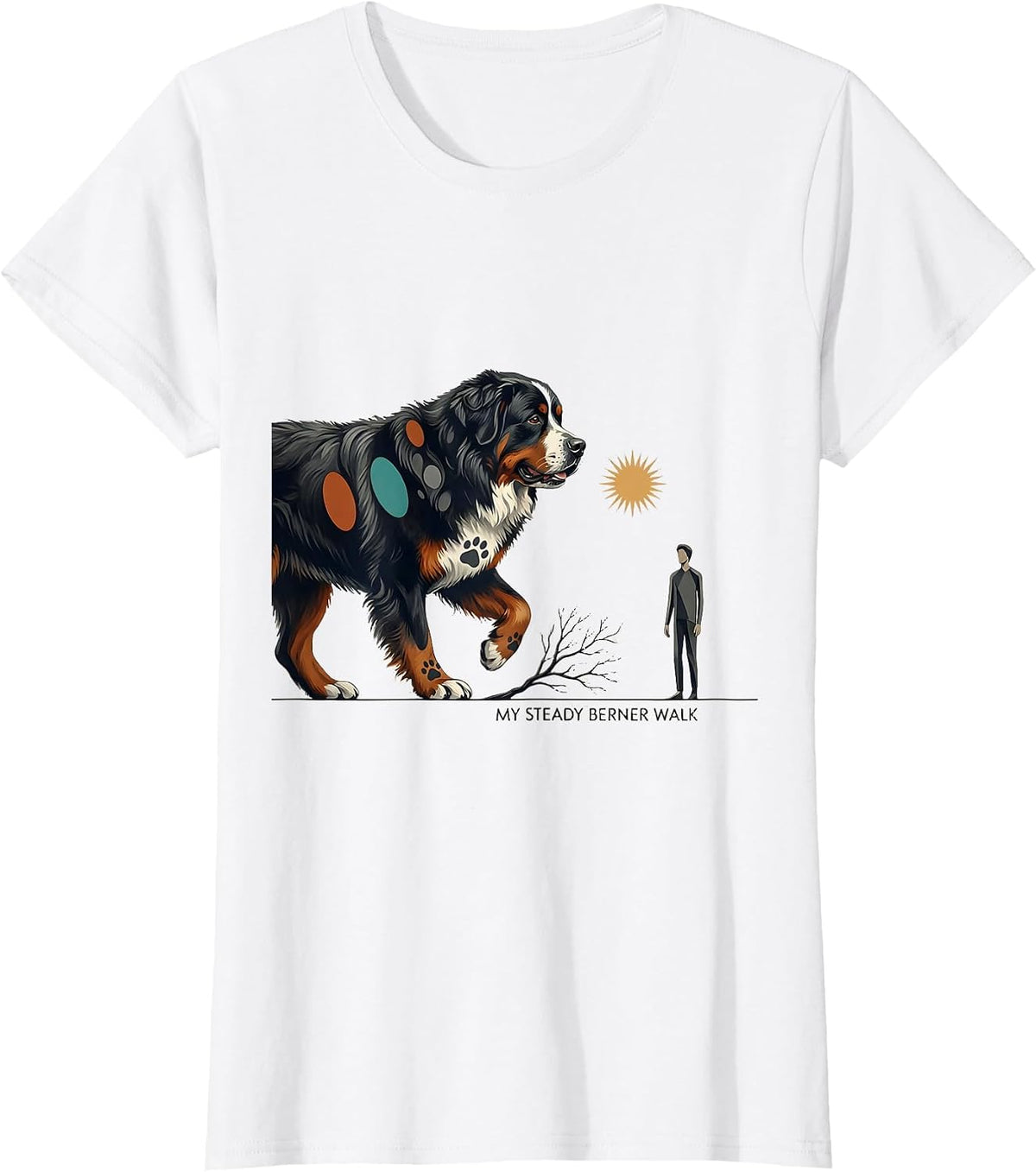 Women's My Steady Berner Walk Midcentury Modern Bernese Mountain Dog T-Shirt - White