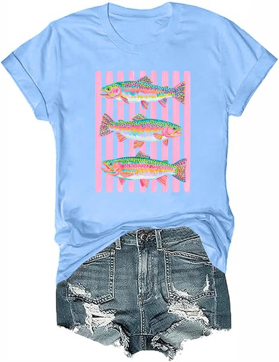 Rainbow Trout Fishing Shirt Colorful Fish Angler Graphic Tee - Crewneck Carolina Blue