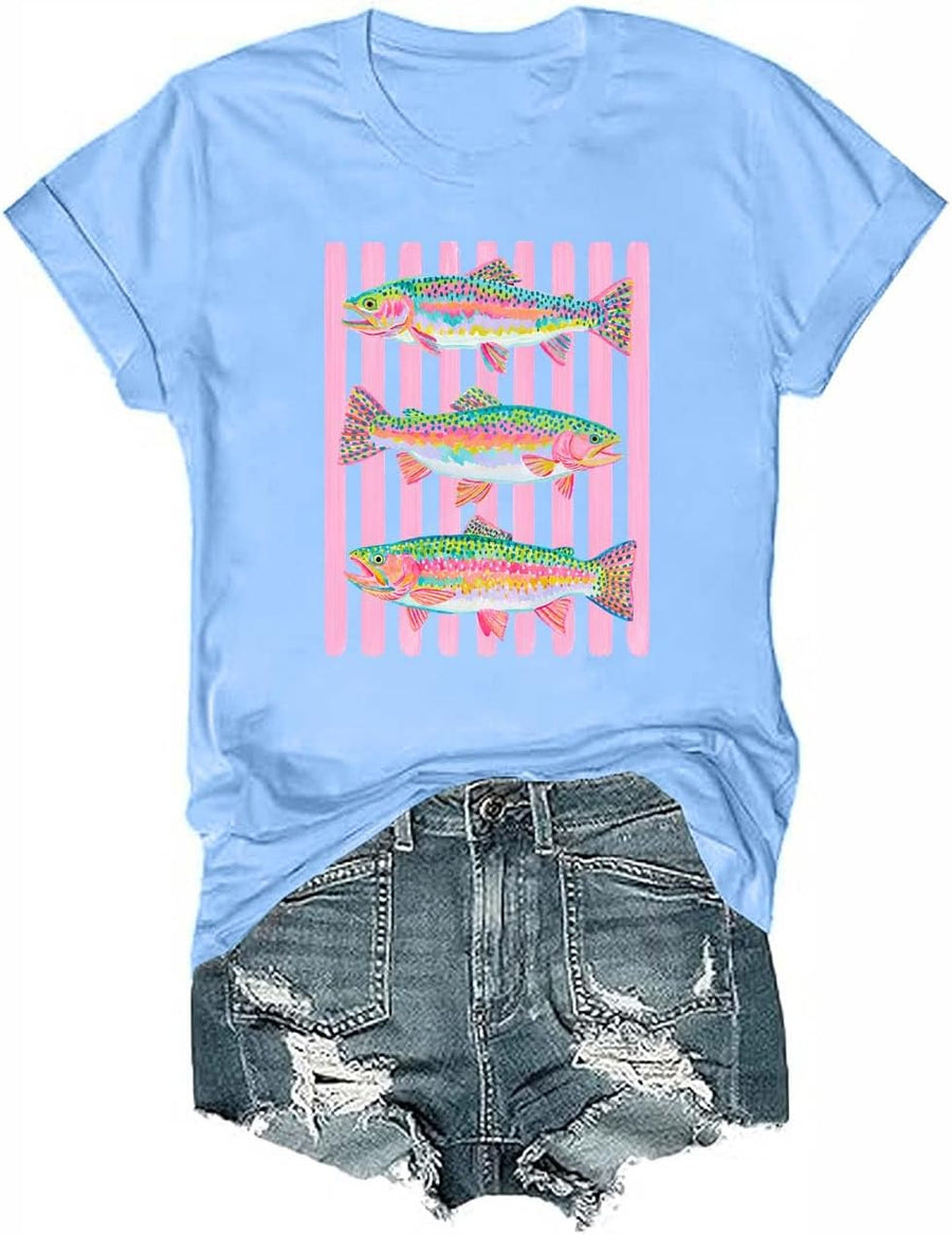 Rainbow Trout Fishing Shirt Colorful Fish Angler Graphic Tee - Crewneck Carolina Blue