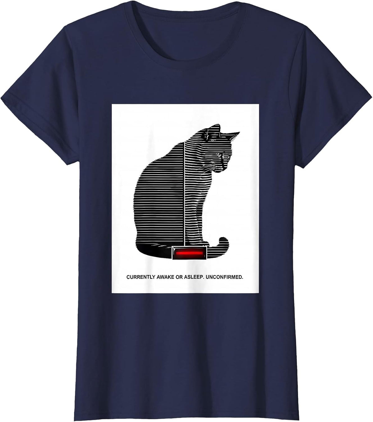 Women's Currently Awake Or Asleep Unconfirmed Quantum Physics Humor T-Shirt - Navy Blue