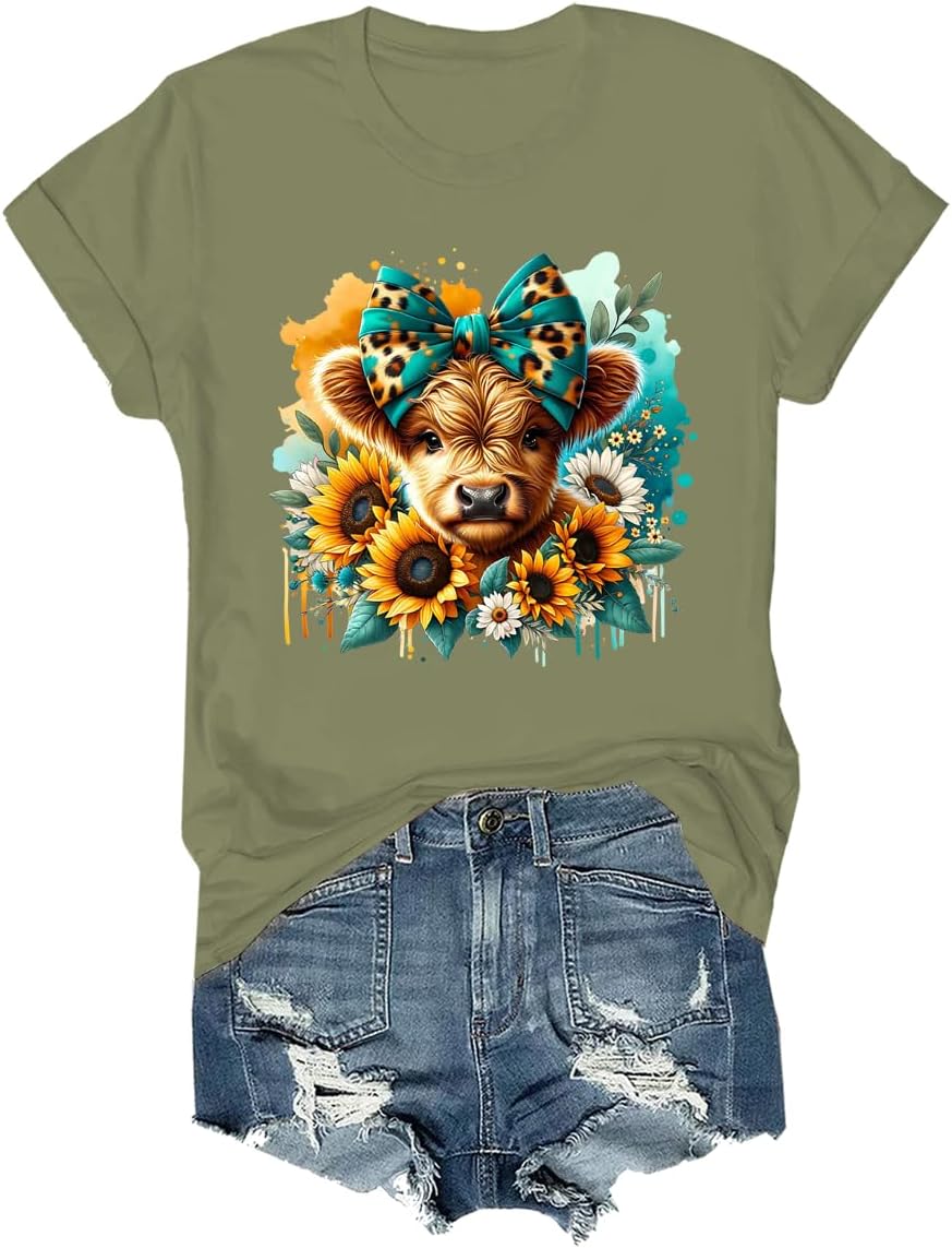 Highland Cow Shirt Cut Sunflower Highland Cow Shirt V Neck - Crewneck Green2