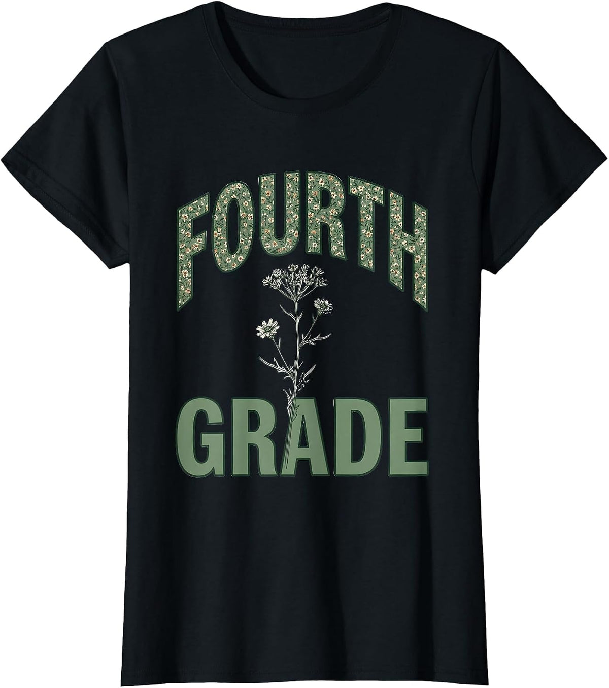 Women's Fourth Grade Boho Minimalist Teacher Wildflower Back T-Shirt - Black