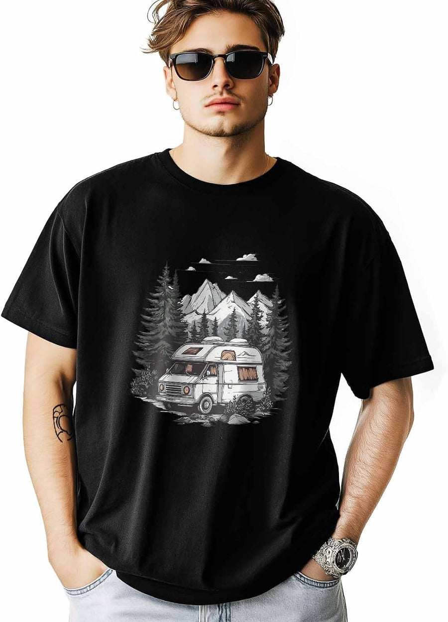 T-Shirts for Men, Camper Van RV Crew Neck Cotton T-Shirt Men's Short Sleeve - Black