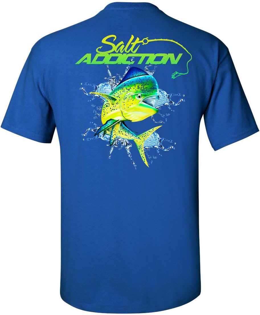 Salt Addiction Dolphin Saltwater Fishing Men's Short Sleeve T-Shirt, Multicolor, S-5XL, Cotton and 50/50 - Royal