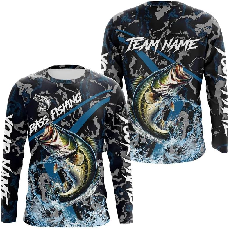 Custom Largemouth Bass Fishing Camo Long Sleeve Fishing Shirts for Men and Kids, Personalized Bass Fishing Team Jerseys -