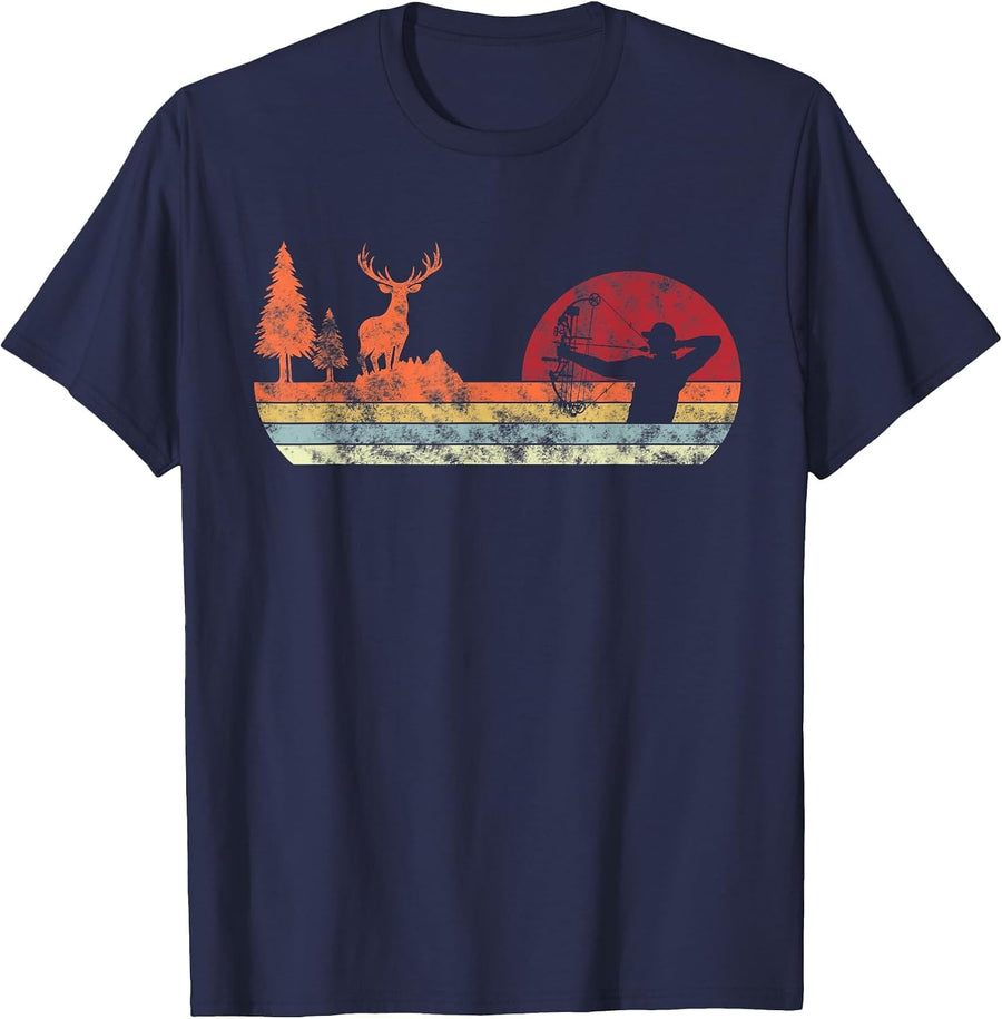 Bow Deer Hunting | Vintage Retro Archery T-Shirt - Navy Blue