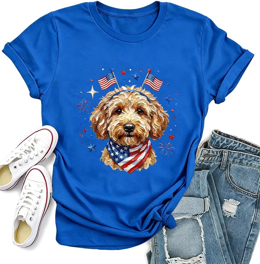 USA Goldendoodle Dog Shirt Goldendoodle 4th of July Patriotic Golden Doodle Dog T-Shirt - Crew neck Sapphire Blue-1