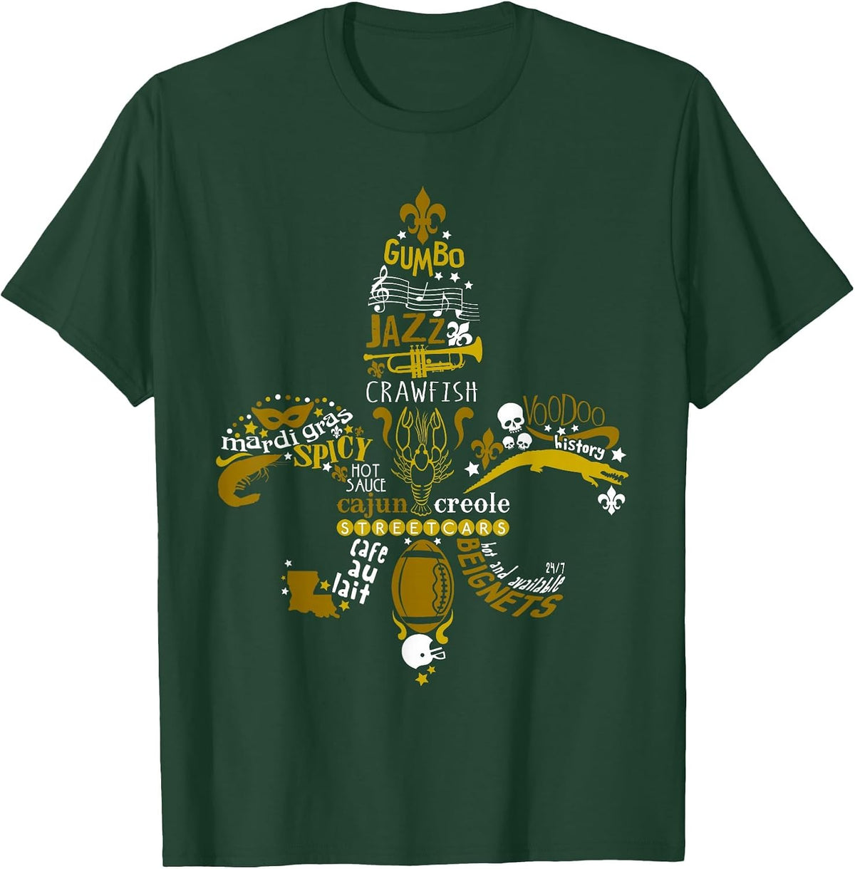 New Orleans Fleur De Lis Mardi Gras and Football T-Shirt - Dark Green