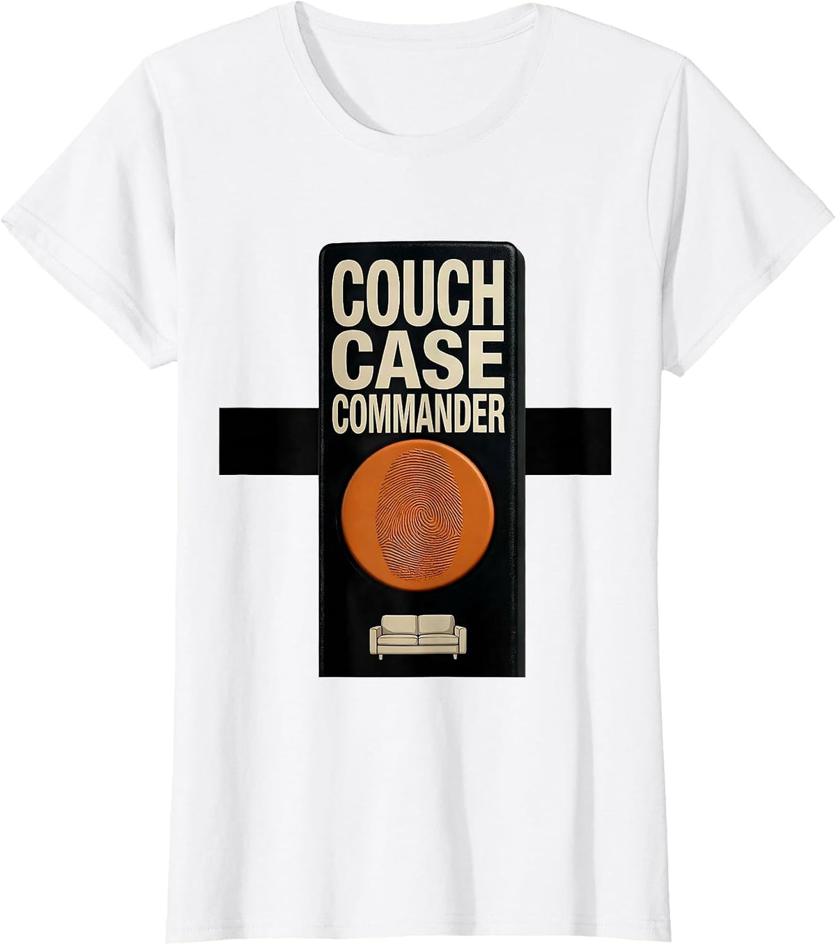 Women's Couch Case Commander Brutalist True Crime Fan Humor T-Shirt - White