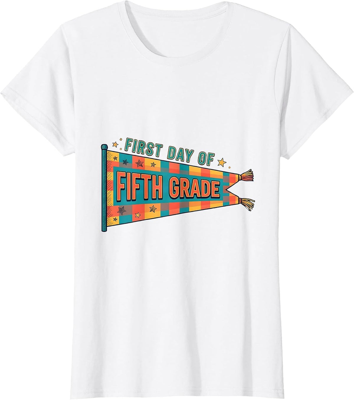 Women's First Day of Fifth Grade Cheerful Back to School Pennant T-Shirt - White