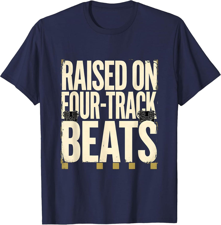 Raised On Four-Track Beats Vintage 90s Hip-Hop Rap Lyric T-Shirt - Navy Blue