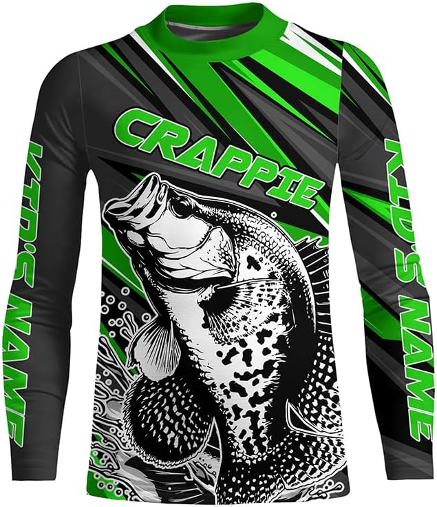 Personalized Crappie Fishing Jerseys, Crappie Long Sleeve Tournament Fishing Shirts | Green Color - Kid Long Sleeves Upf