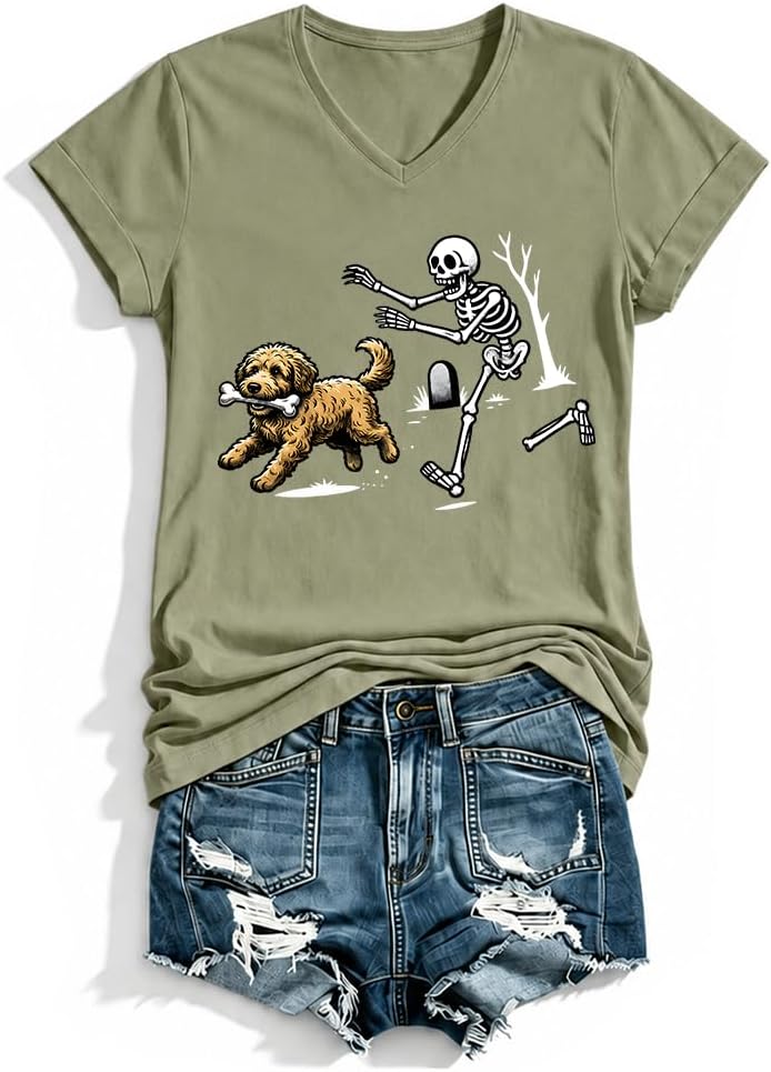 Skeleton Chasing Dog Shirt Goldendoodle Stealing Bone T-Shirt - As Pictured