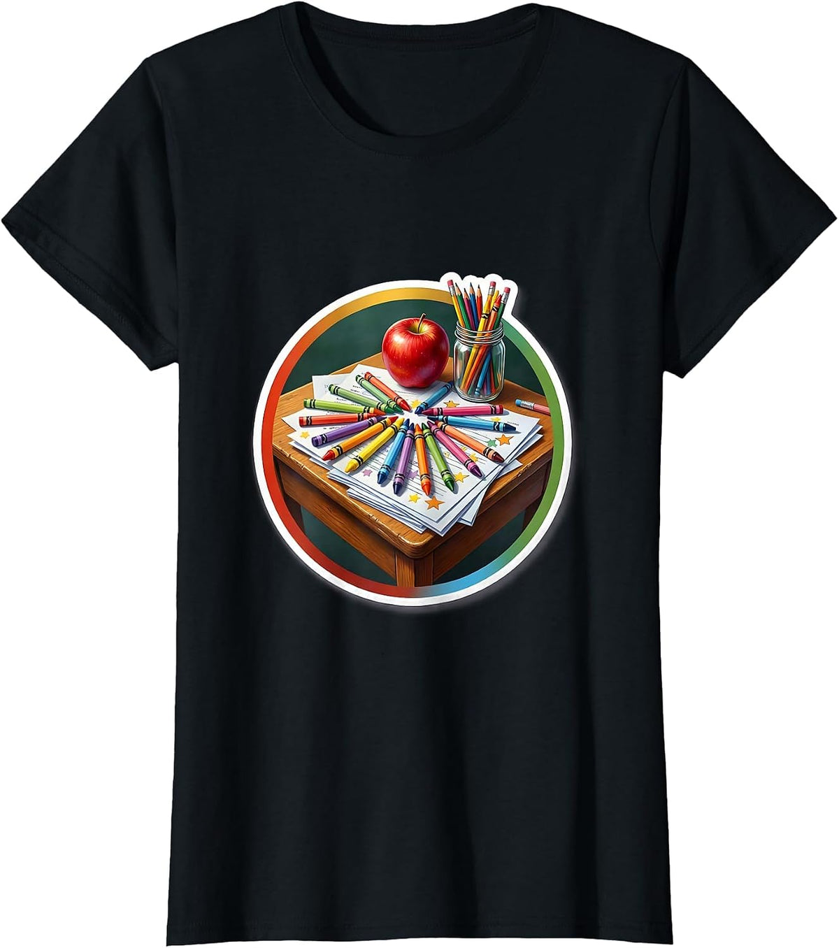 Women's Elementary Teacher Crayon Desk Graphic Tee T-Shirt - Black